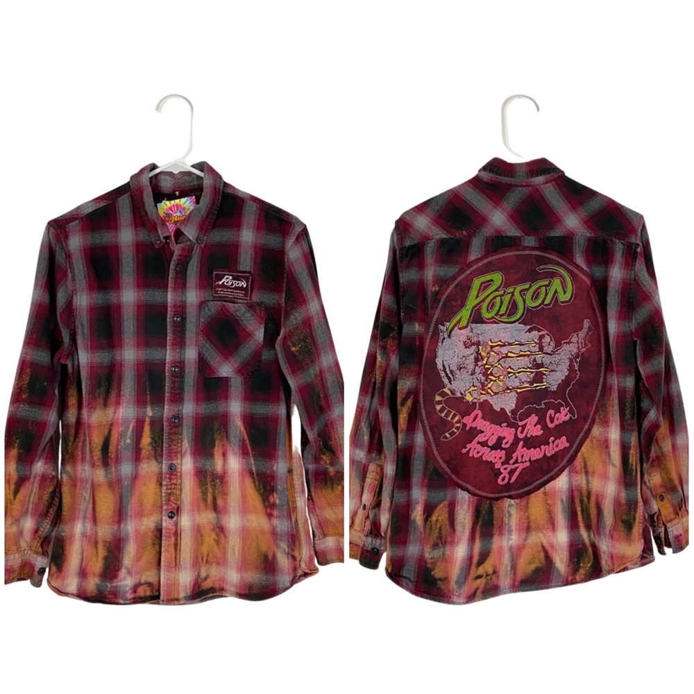 Hand Crafted Maroon Plaid Button-Down Shirt with Yellow-Orange Flame Detail